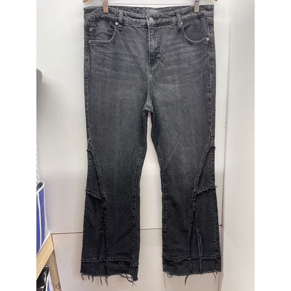 Liverpool Los Angeles Hannah Hi-Rise Flare Jeans Faded Black Frayed Hem 12/31